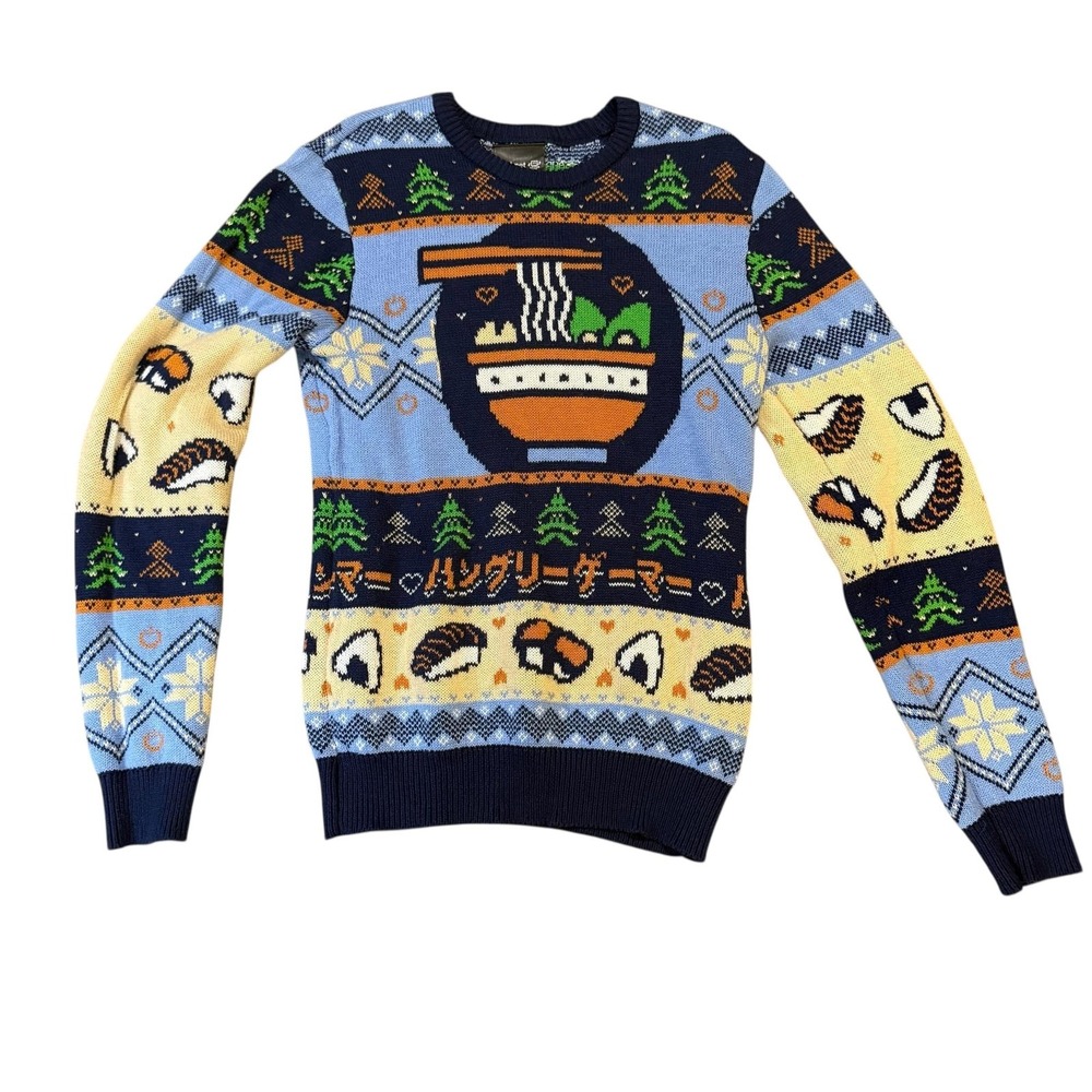 Geeknet Sweater Mens Small Blue Ramen Sushi Ugly Christmas Holiday Gamer Foodie